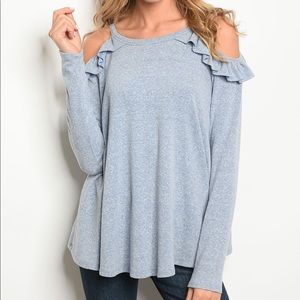 Long Sleeve, Ruffled Cold-Shoulder Top